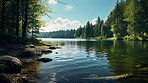 Beautiful landscape view of forest tree and lake view of reservoir. Travel, peace and vacation.