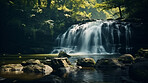 Beautiful view of waterfall and river in forest. Travel, peace and vacation.