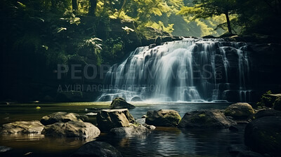 Beautiful view of waterfall and river in forest. Travel, peace and vacation.
