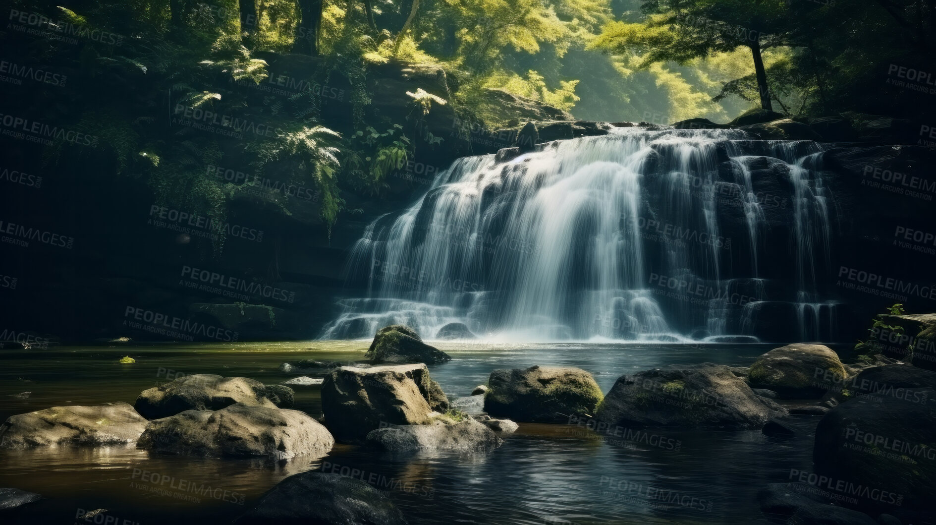 Buy stock photo Beautiful view of waterfall and river in forest. Travel, peace and vacation.