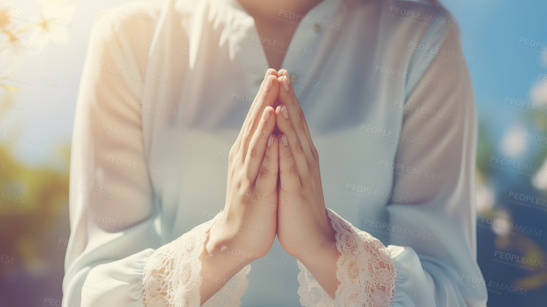 Buy stock photo Meditating. Close Up Female Prayer hands . Mindfulness in nature