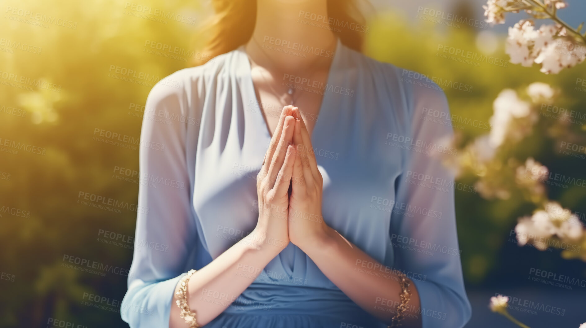 Buy stock photo Meditating. Close Up Female Prayer hands . Mindfulness in nature