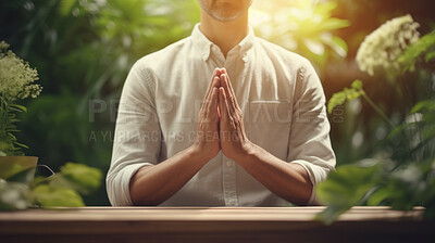 Buy stock photo Meditating. Close Up Male Prayer Hands. Mindfulness in nature