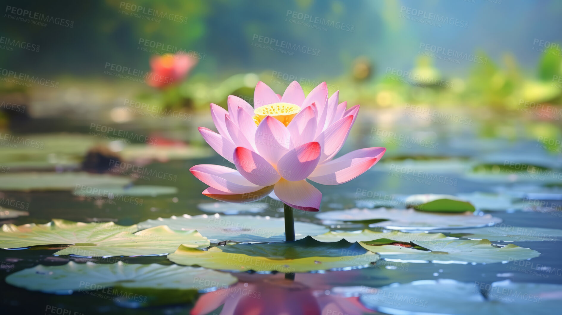 Buy stock photo Beautiful pink waterlily or lotus flower in pond. Zen and mindfulness practice