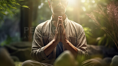 Buy stock photo Meditating. Close Up Male Prayer Hands. Mindfulness in nature