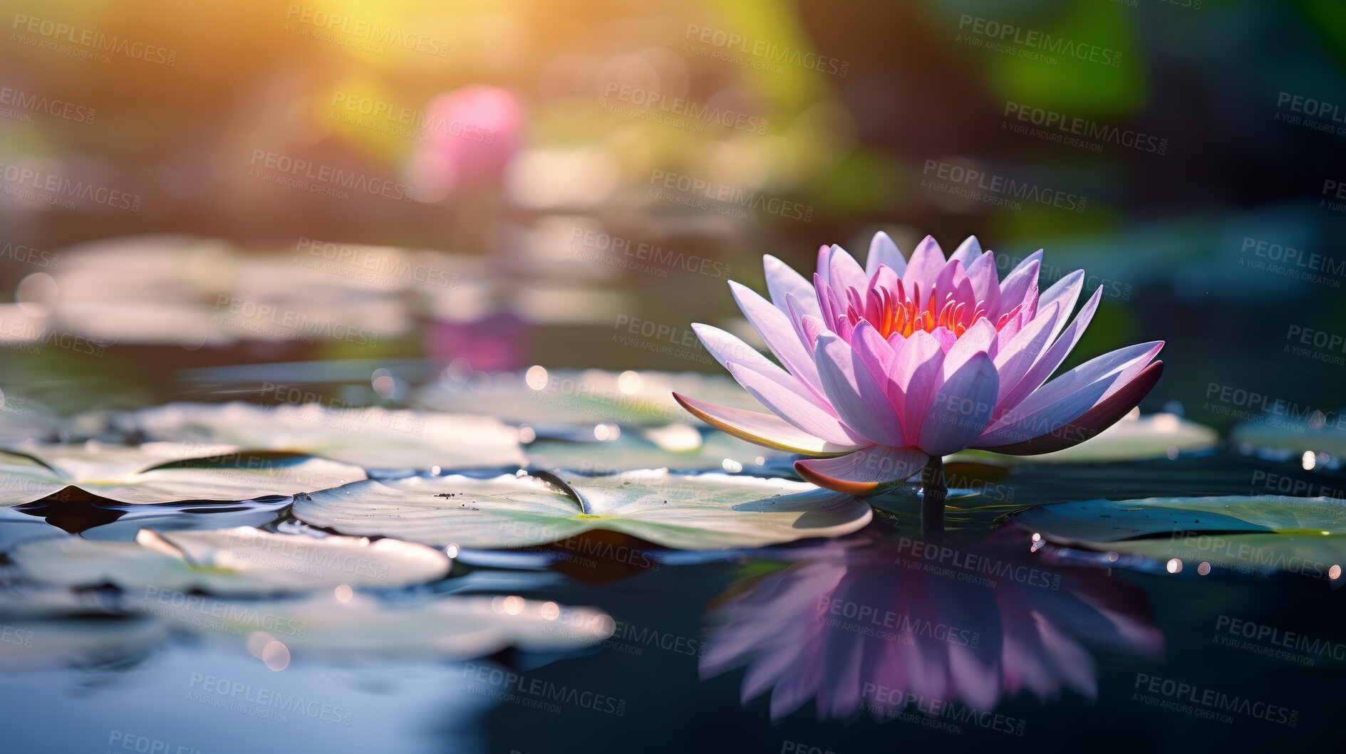 Buy stock photo Beautiful pink waterlily or lotus flower in pond. Zen and mindfulness practice