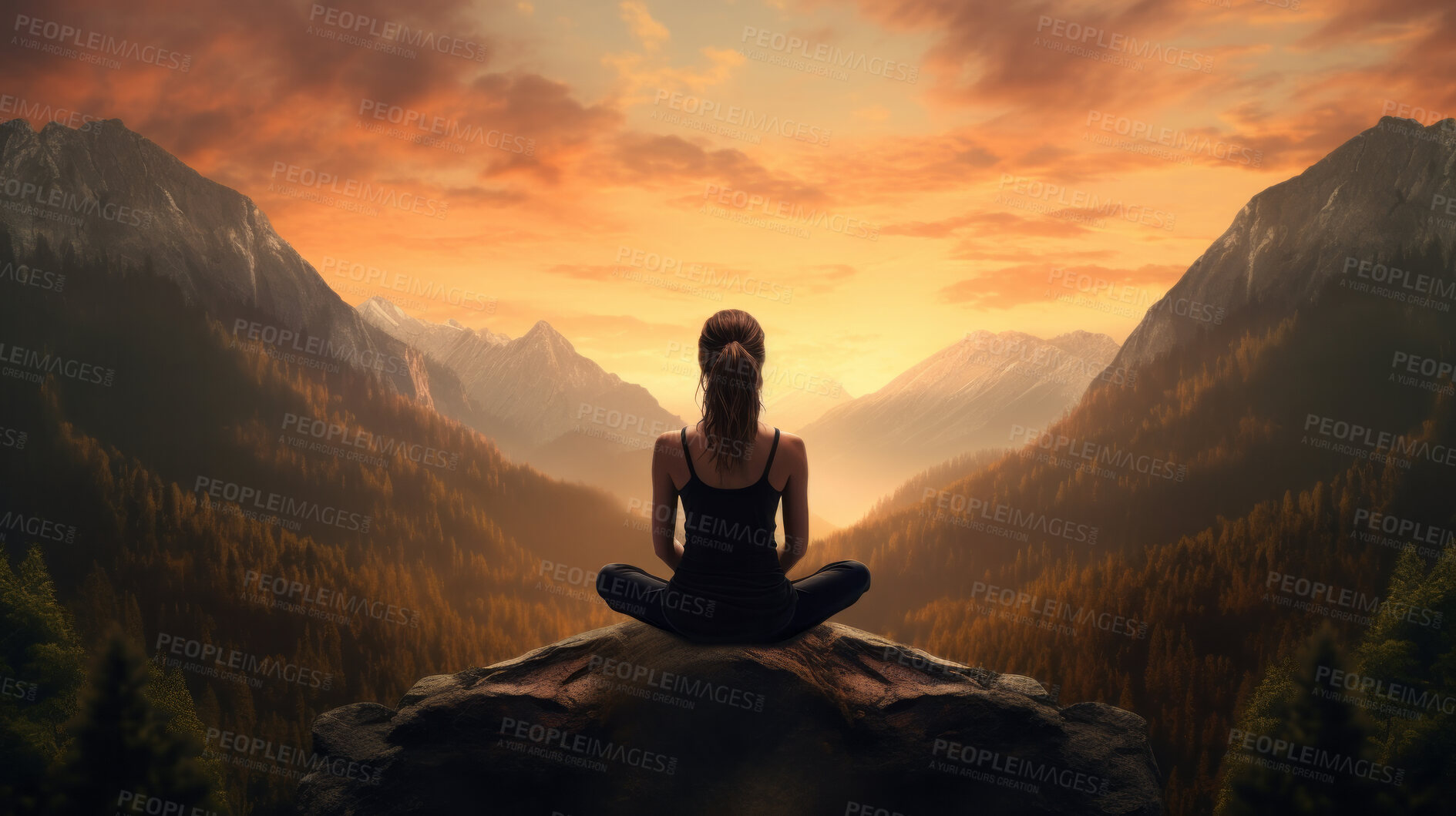 Buy stock photo Silhouette of woman meditating in lotus sit position. Yoga in the morning. Mindfulness in nature.