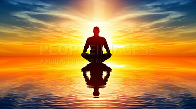 Silhouette of man meditating in lotus sit position. Yoga in the morning. Mindfulness in nature.