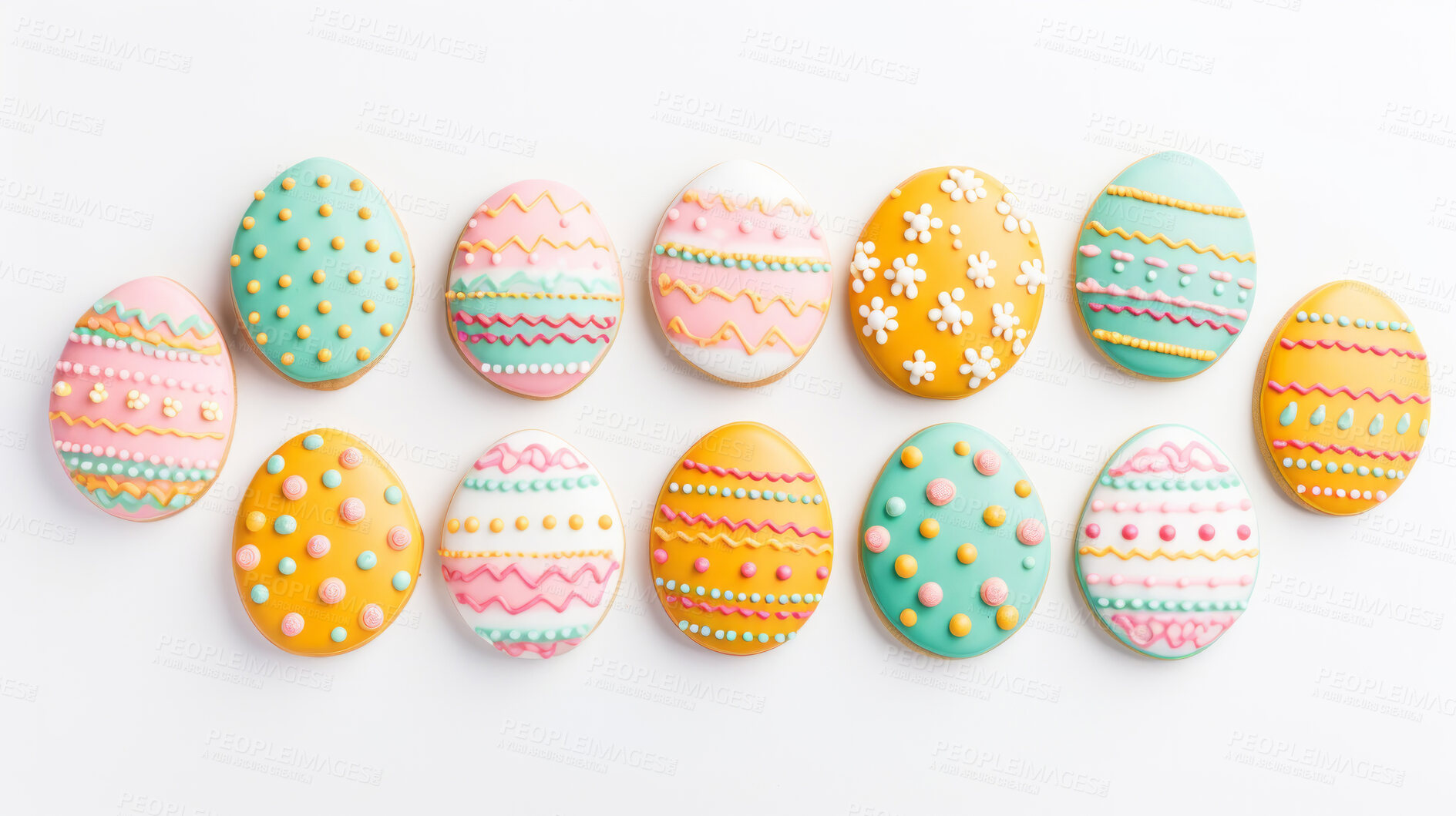 Buy stock photo Colorful Easter eggs shaped sugar cookies on white copyspace background