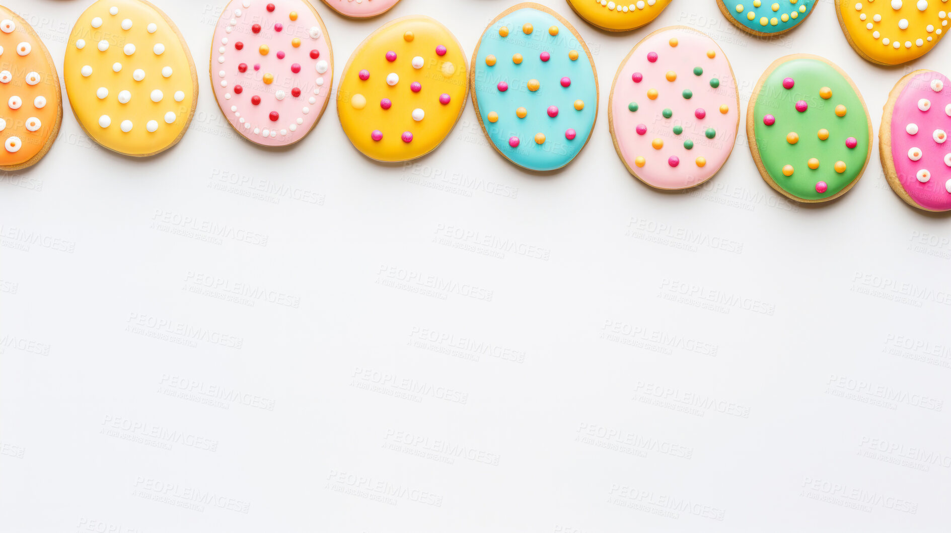 Buy stock photo Colorful Easter eggs shaped sugar cookies on white copyspace background