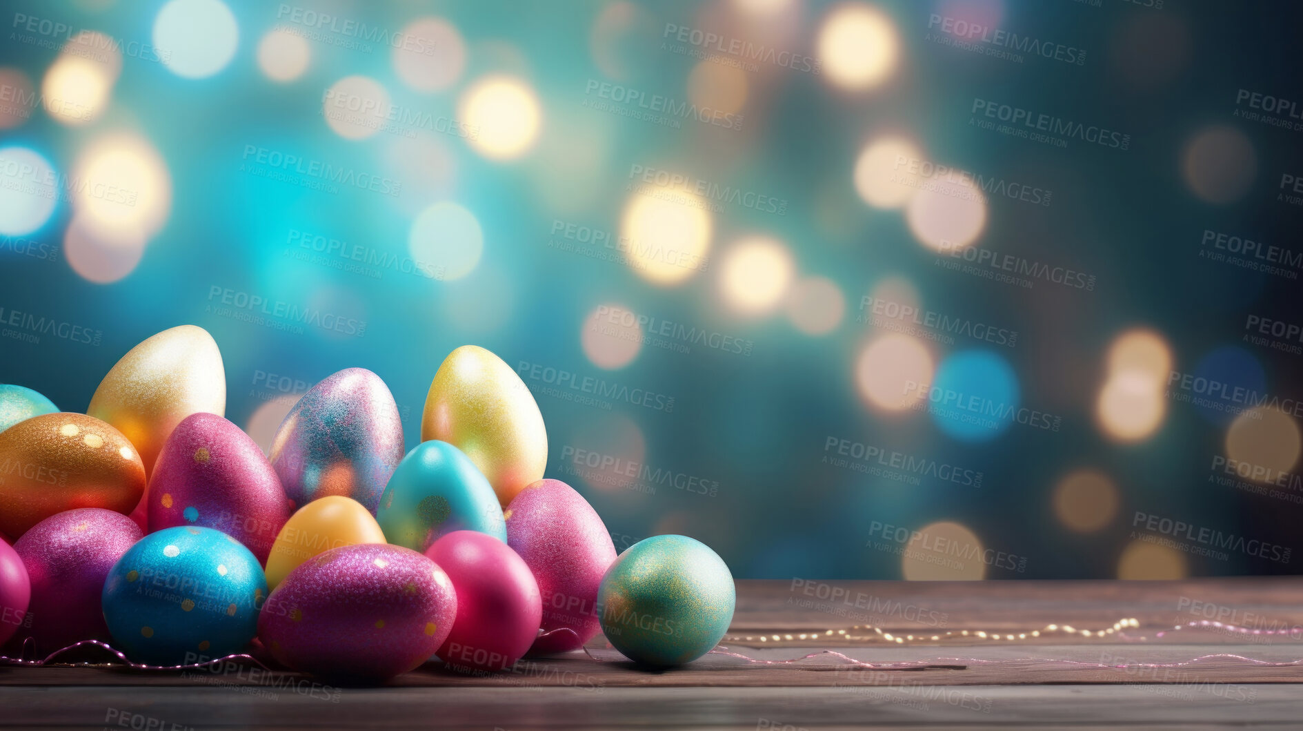 Buy stock photo Many colorful easter eggs on white copysapce background. Chocolate candy in bokeh studio