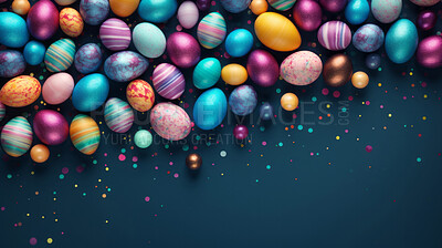 Many colorful easter eggs on dark copysapce background. Chocolate candy in studio