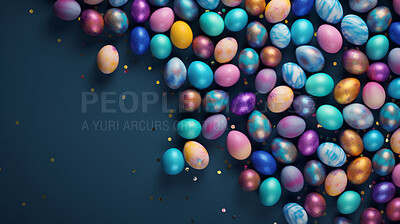 Buy stock photo Many colorful easter eggs on dark copysapce background. Chocolate candy in studio