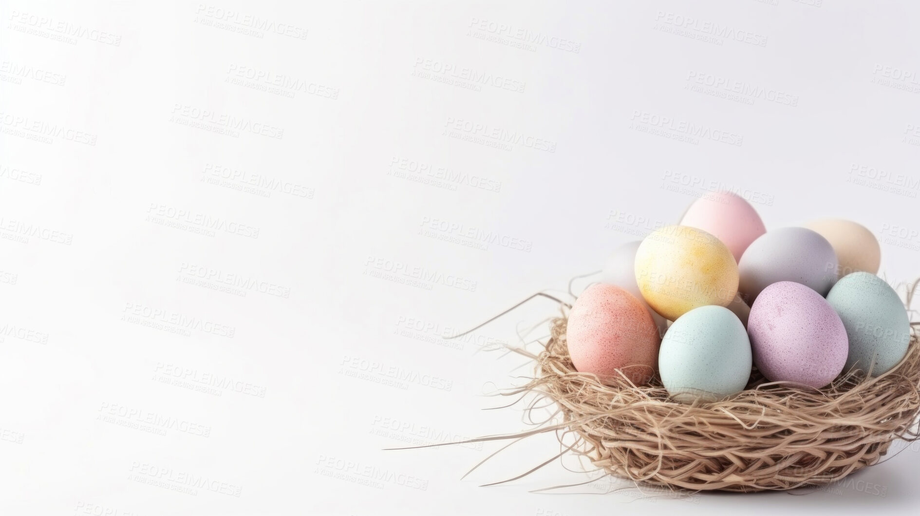 Buy stock photo Basket of colorful easter eggs on white copyspace background. Chocolate candy in studio