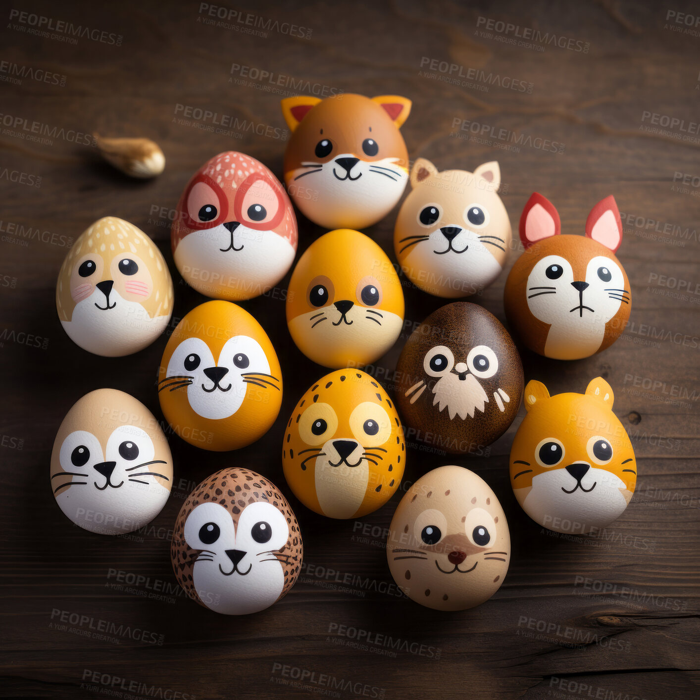 Buy stock photo Easter eggs with animal faces. Festive paint crafts in studio with cute expressions