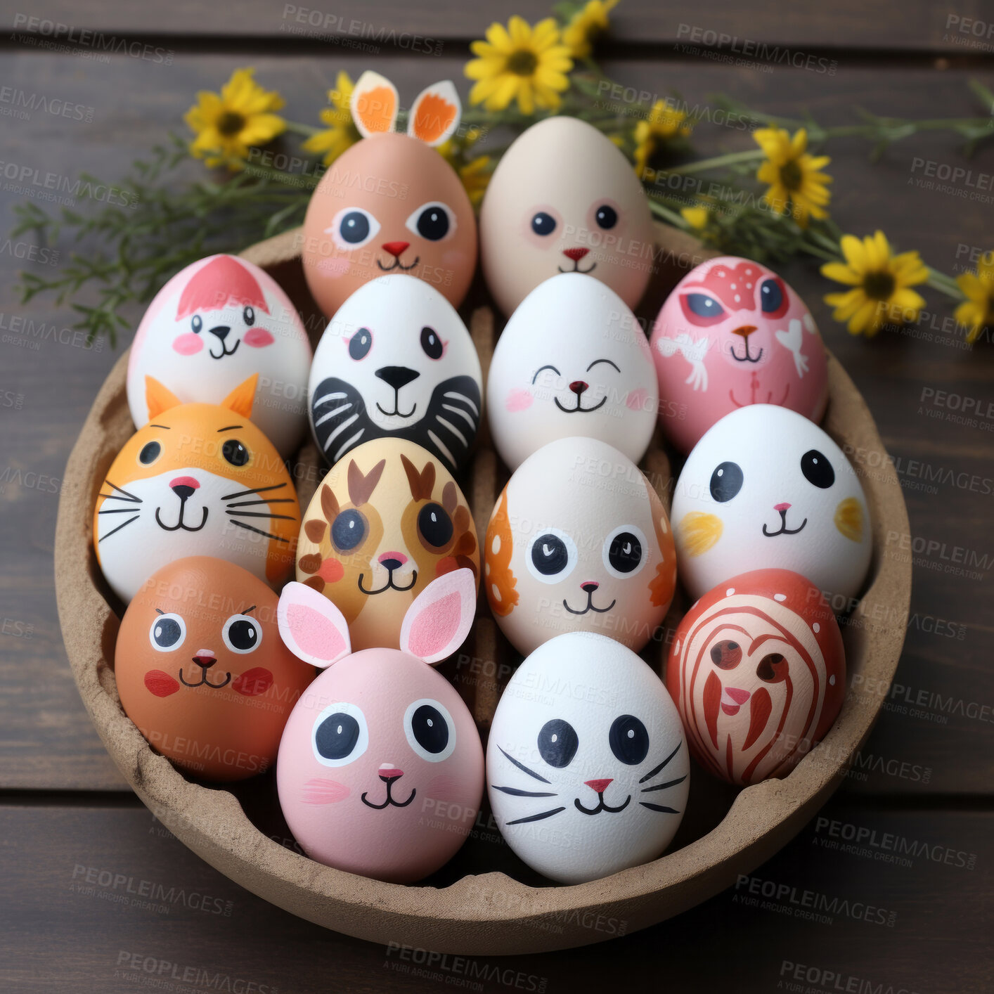 Buy stock photo Easter eggs with animal faces. Festive paint crafts in studio with cute expressions