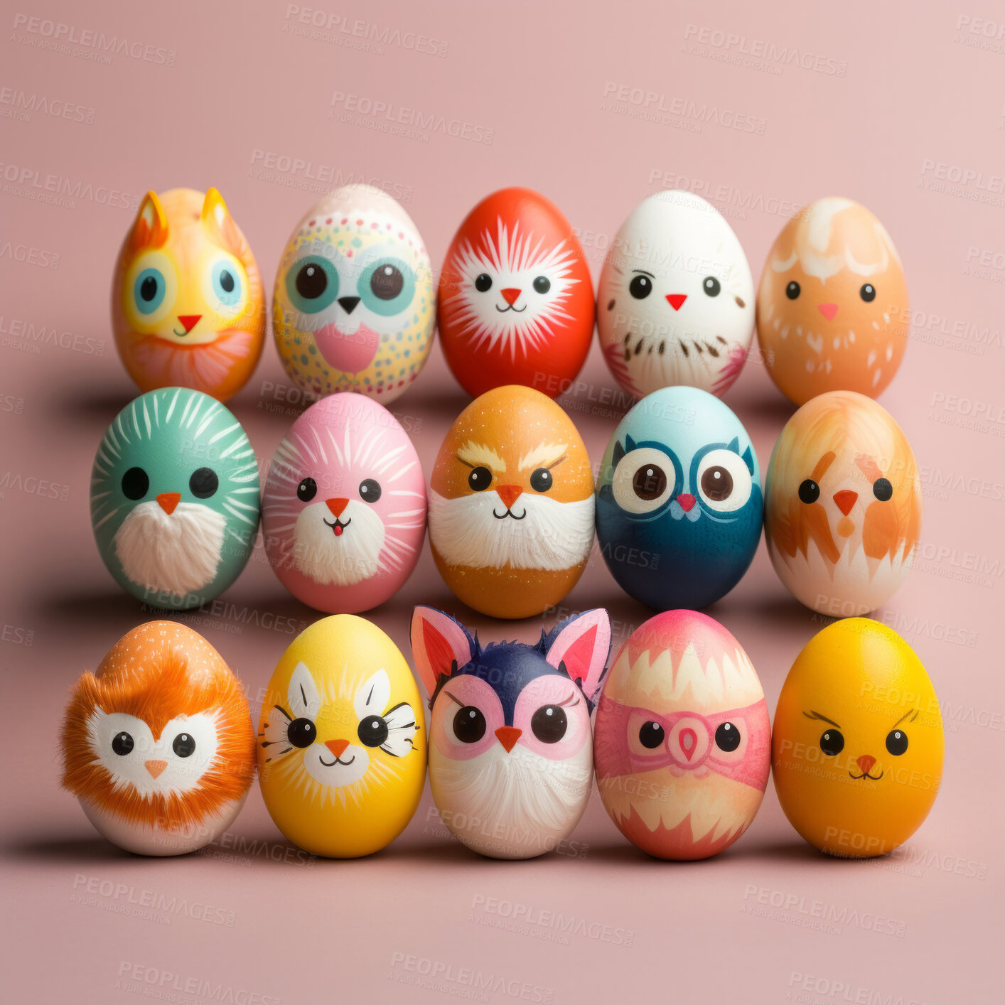 Buy stock photo Easter eggs with animal faces. Festive paint crafts in studio with cute expressions