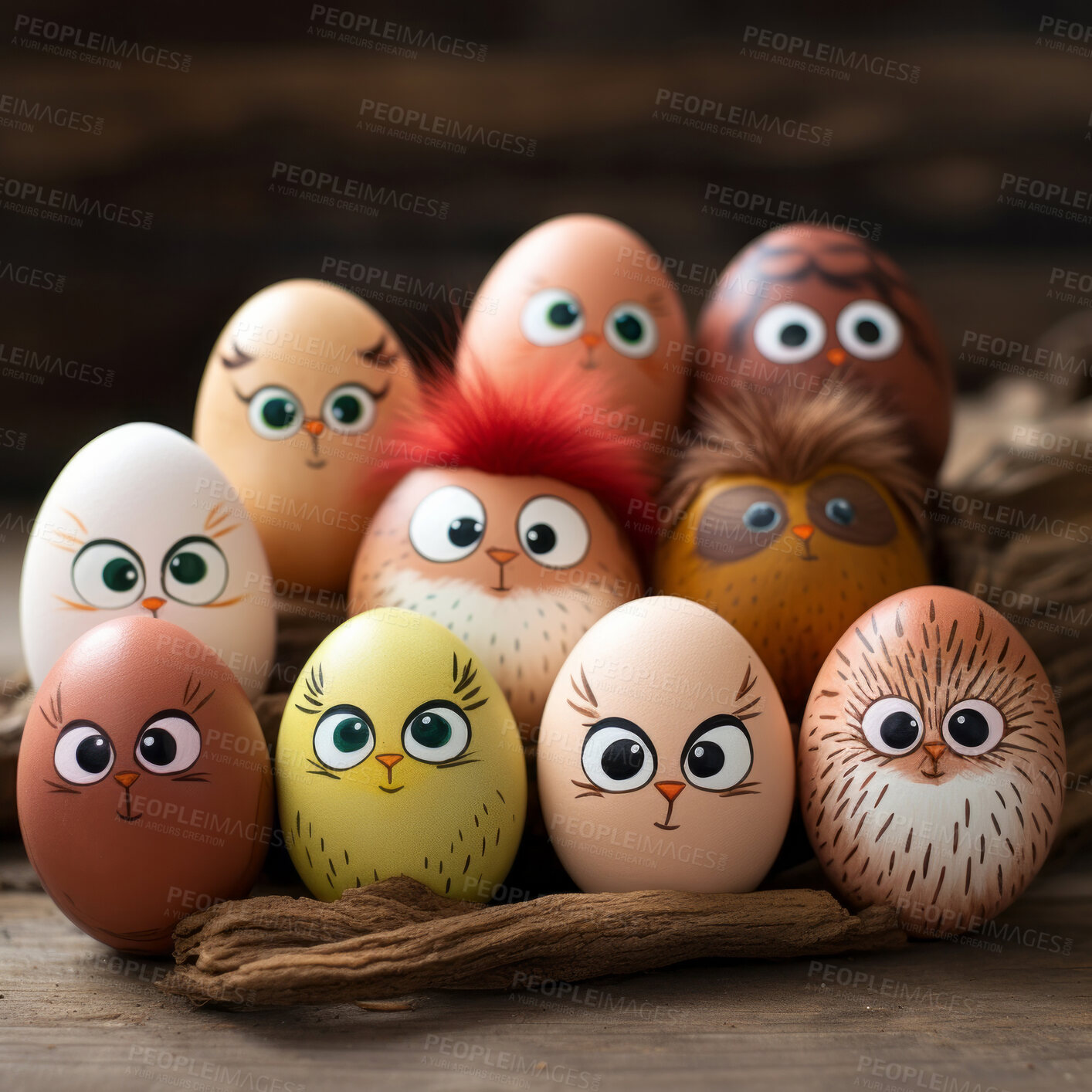 Buy stock photo Easter eggs with animal faces. Festive paint crafts in studio with cute expressions