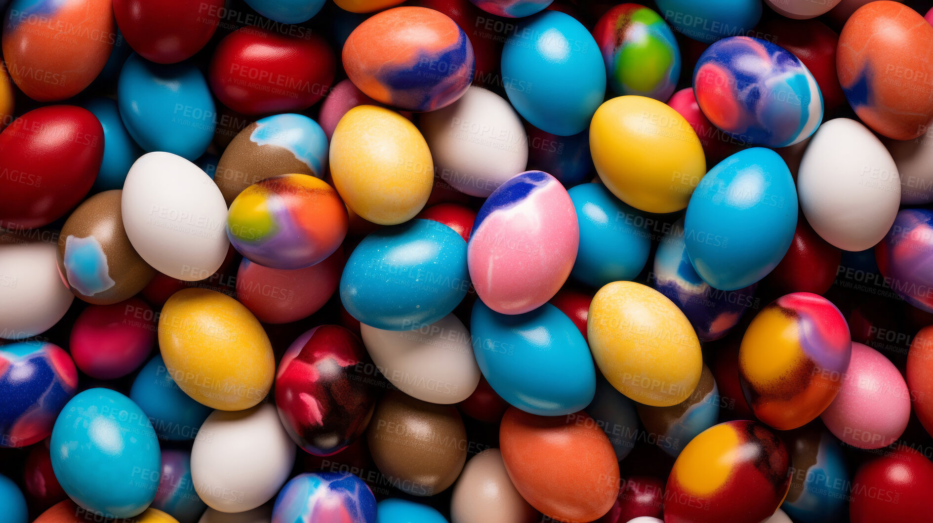 Buy stock photo Colorful pile of easter eggs top down view full frame. Festive background banner