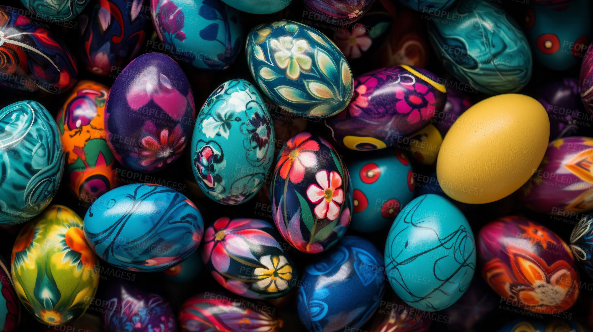 Buy stock photo Colorful pile of easter eggs top down view full frame. Festive background banner