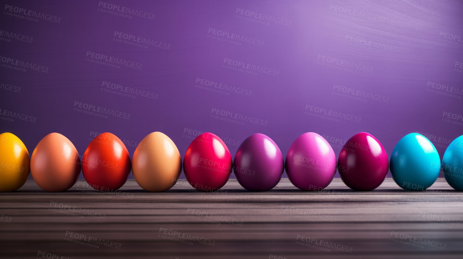 Buy stock photo Row of colorful easter eggs on purple copyspace background. Chocolate candy in studio