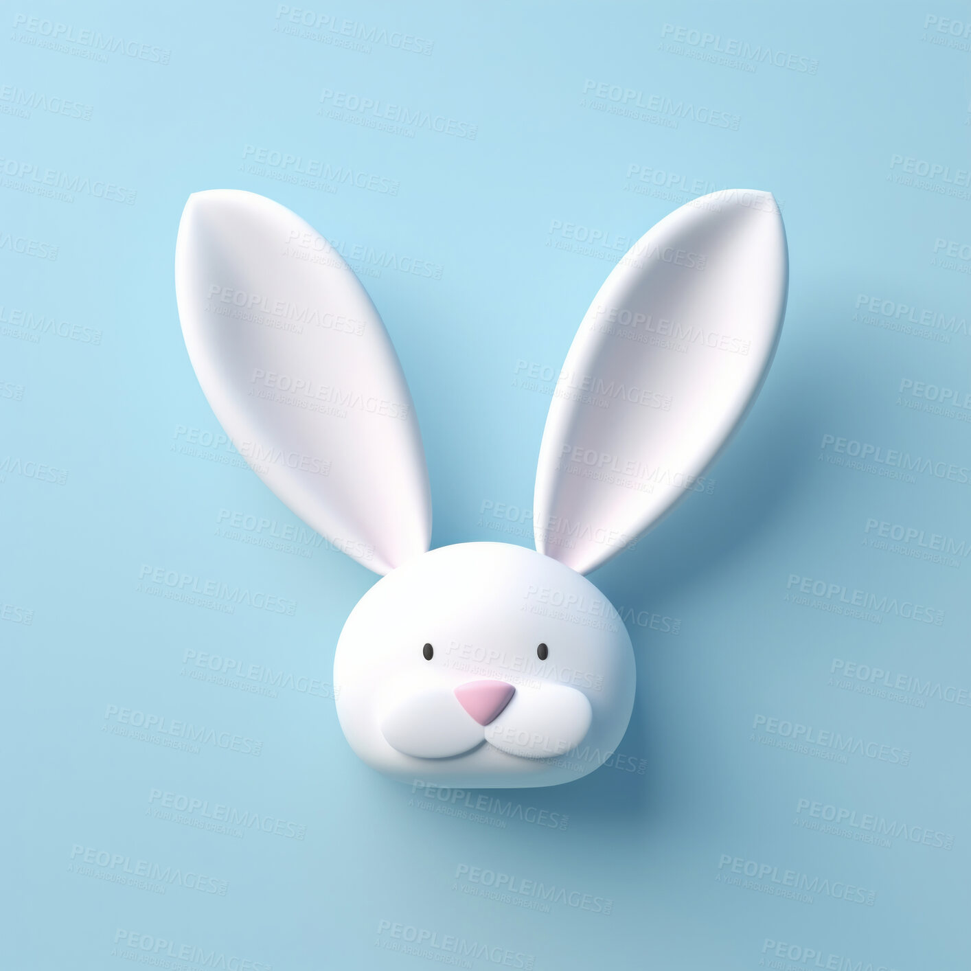 Buy stock photo White bunny on blue copyspace background in studio. Festive Easter concept