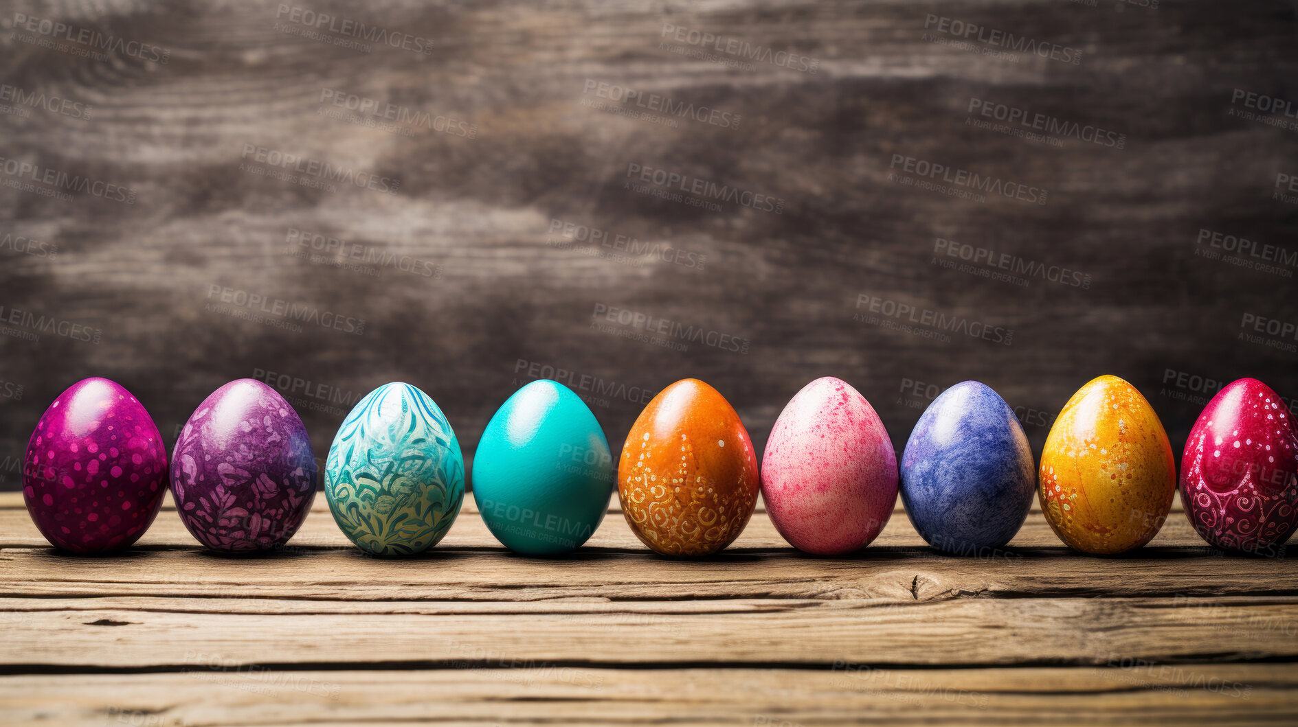 Buy stock photo Row of colorful easter eggs on wooden table with copyspace. Chocolate candy in studio