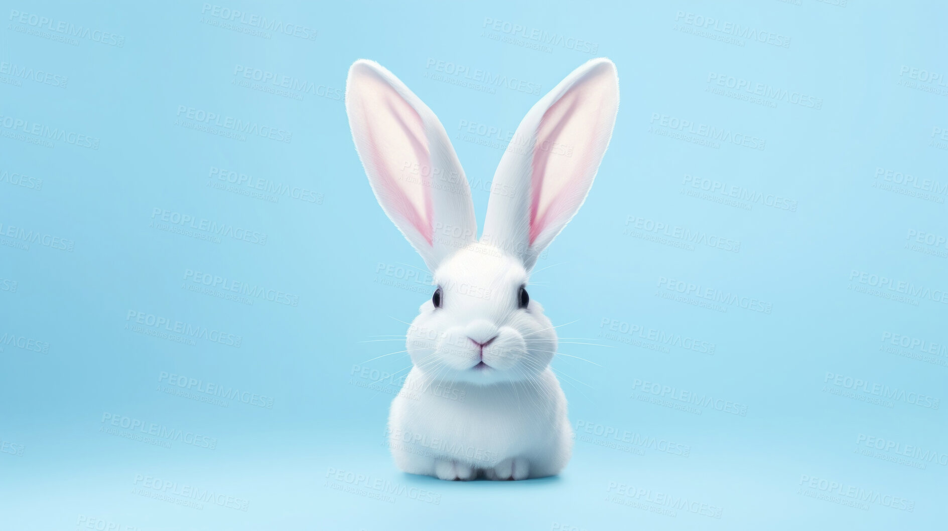 Buy stock photo White bunny on blue copyspace background in studio. Festive Easter concept