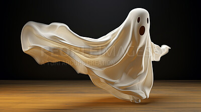 White floating cartoon ghost with black hollow eyes. Flying spirit concept