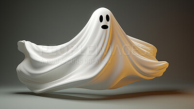 White floating cartoon ghost with black hollow eyes. Flying spirit concept