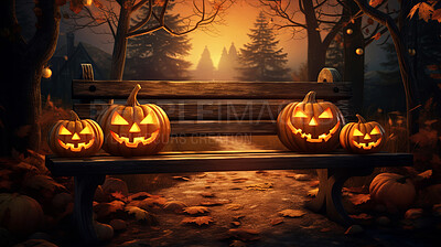 Spooky halloween carved pumpkins on bench illustration. Jack-o-lanterns at night