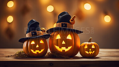 Creepy carved Halloween grinning pumpkins. Jack-o-lanterns with hats on bokeh background