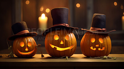 Creepy carved Halloween grinning pumpkins. Jack-o-lanterns with hats on bokeh background