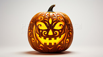 Carved halloween pumpkin on white copyspace background. Jack-o-lantern with light inside