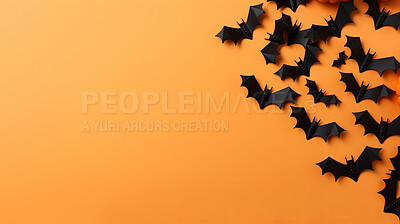 Halloween party greeting card mockup with bats on orange copyspace background