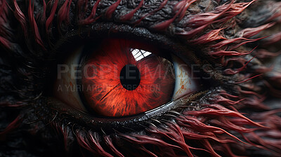 Closeup of red monster eye. Halloween beast fantasy creature concept