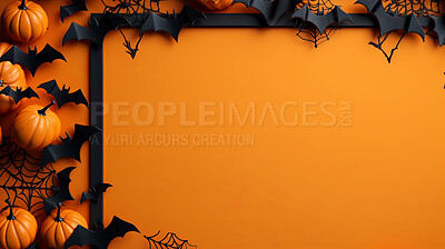 Halloween party greeting card mockup with bats and pumbkins on orange copyspace background