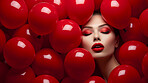 Closeup of woman's face with red lips and red balloons. Beauty campaign banner concept