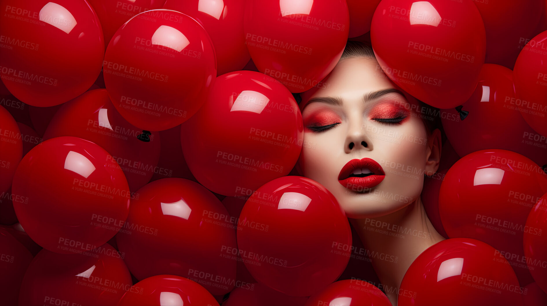 Buy stock photo Closeup of woman's face with red lips and red balloons. Beauty campaign banner concept