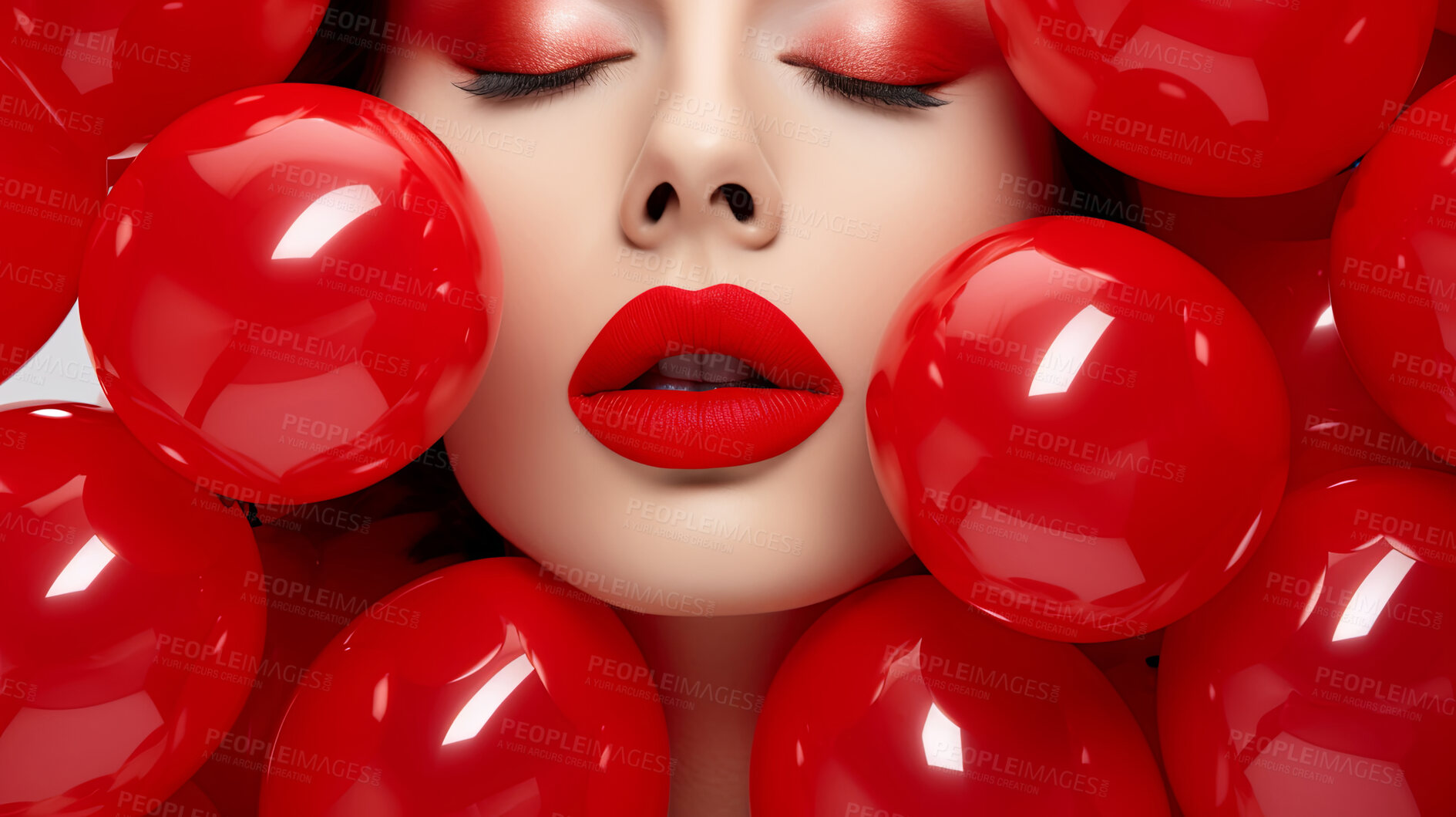 Buy stock photo Closeup of woman's face with red lips and red balloons. Beauty campaign banner concept