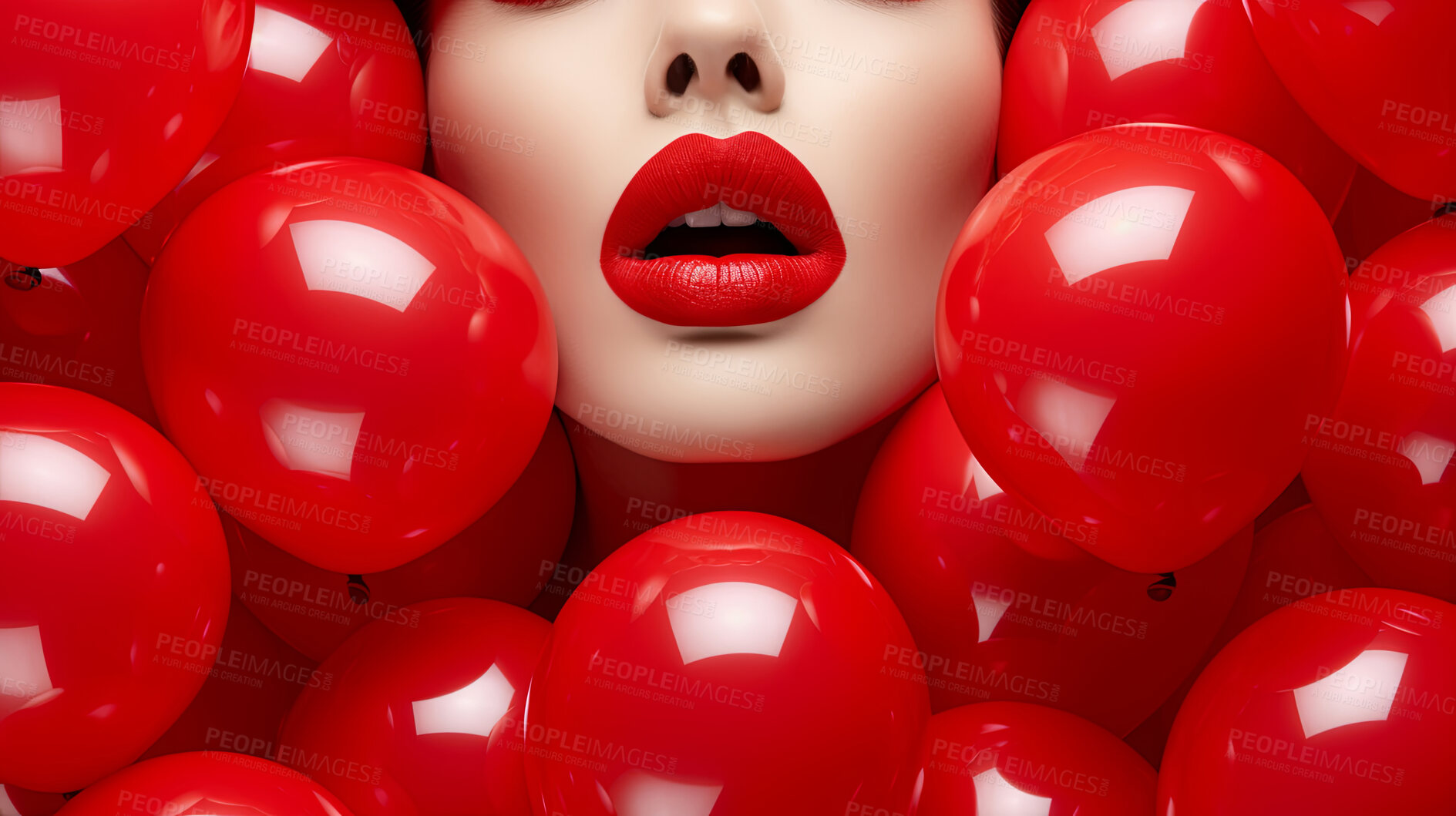 Buy stock photo Closeup of woman's face with red lips and red balloons. Beauty campaign banner concept