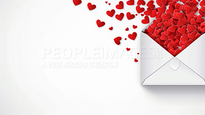 Envelope with red hearts on white copyspace background. Post gift idea for anniversary or Valentines day
