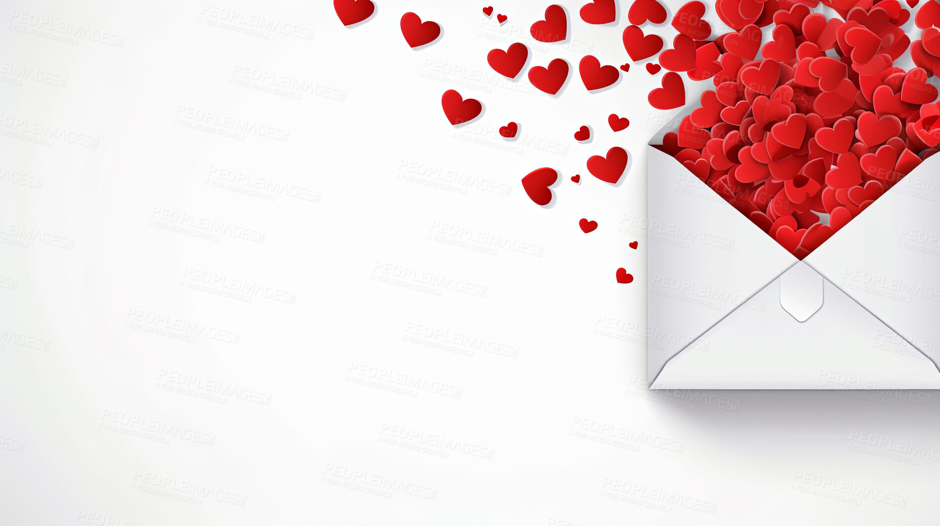 Buy stock photo Envelope with red hearts on white copyspace background. Post gift idea for anniversary or Valentines day