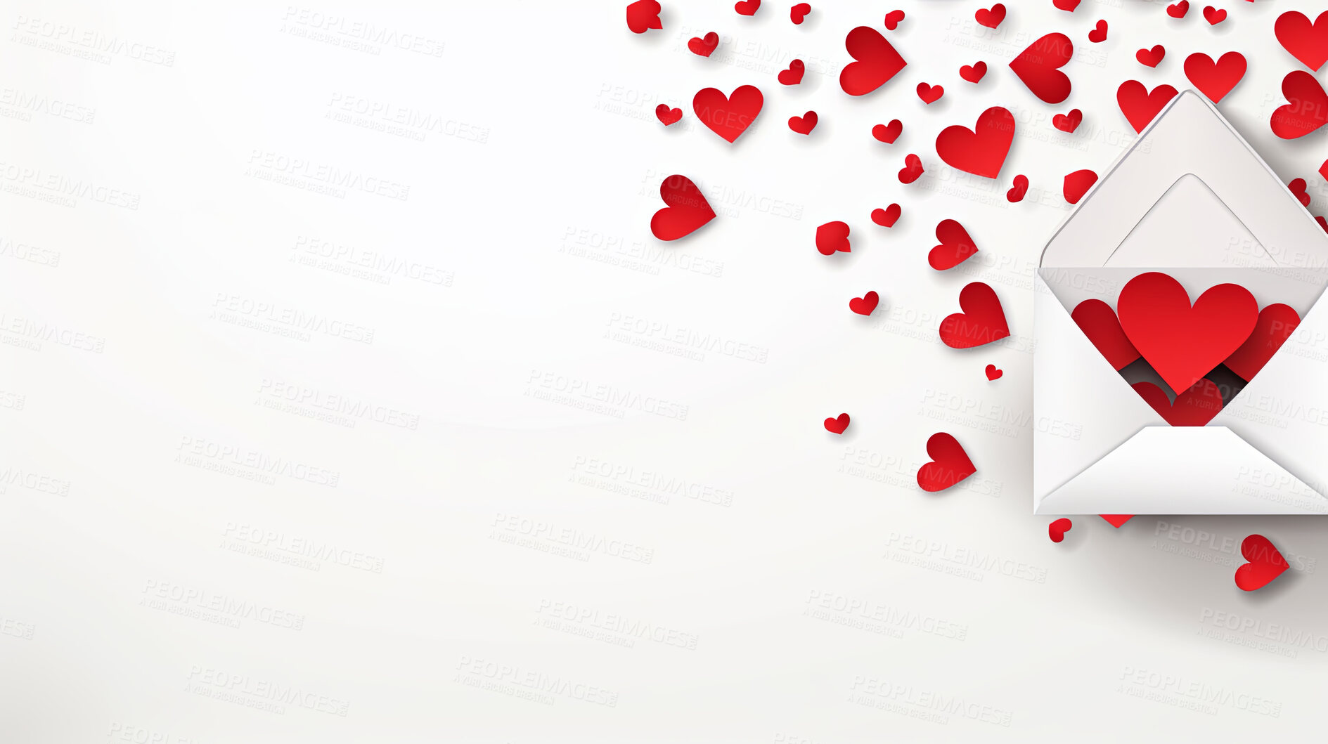 Buy stock photo Envelope with red hearts on white copyspace background. Post gift idea for anniversary or Valentines day