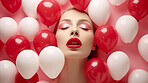 Closeup of woman's face with red lips and red balloons. Beauty campaign banner concept