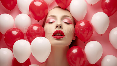 Closeup of woman\'s face with red lips and red balloons. Beauty campaign banner concept