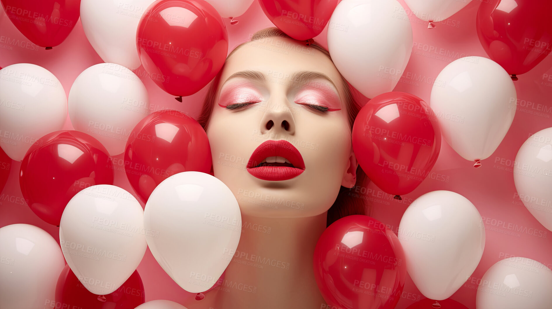 Buy stock photo Closeup of woman's face with red lips and red balloons. Beauty campaign banner concept