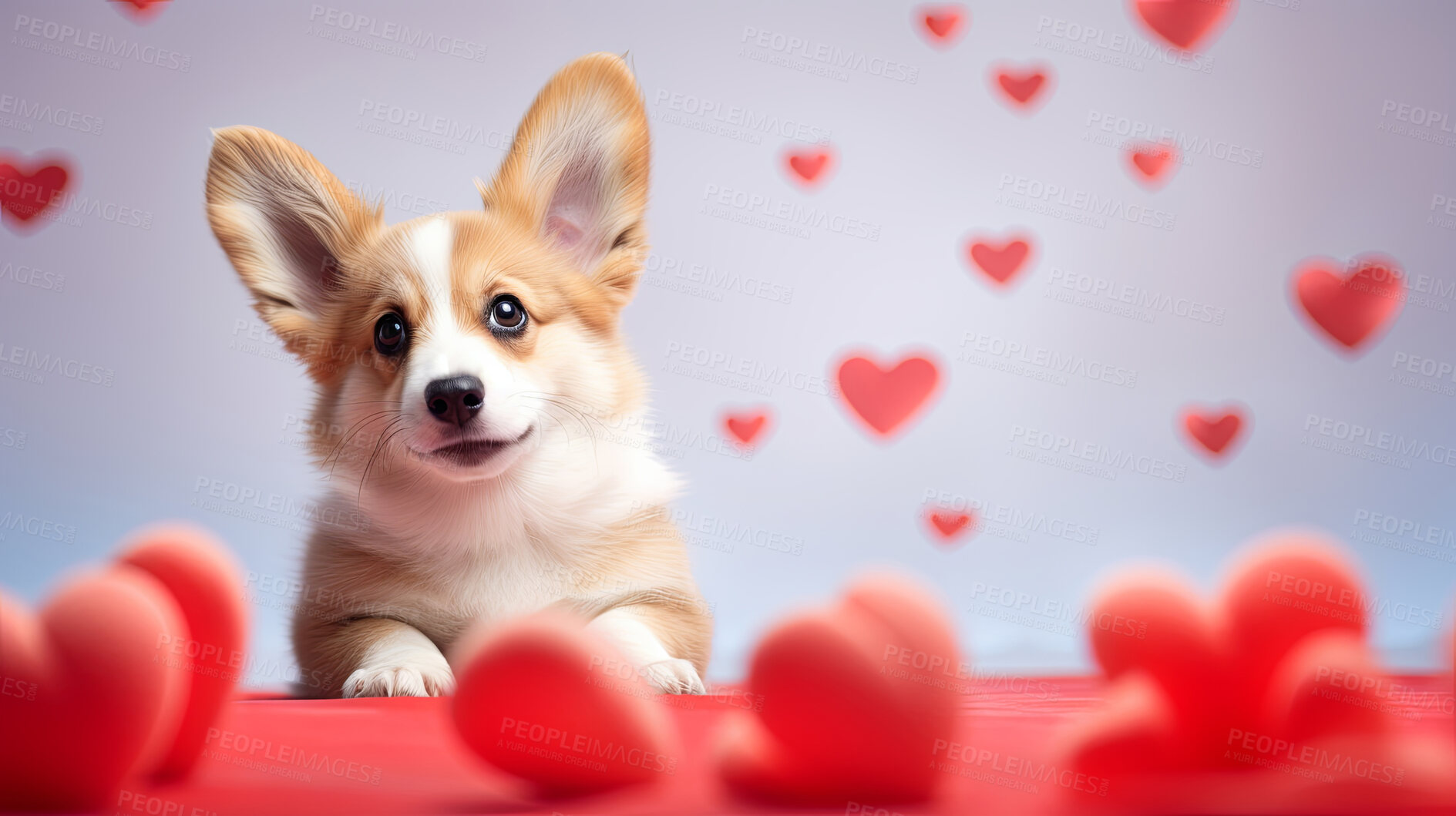 Buy stock photo Corgi puppy with hearts on bokeh background in studio. Dog gift present idea