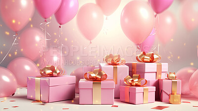 Gift boxes with bows and balloons on studio background. Birthday, anniversary or Valentines present