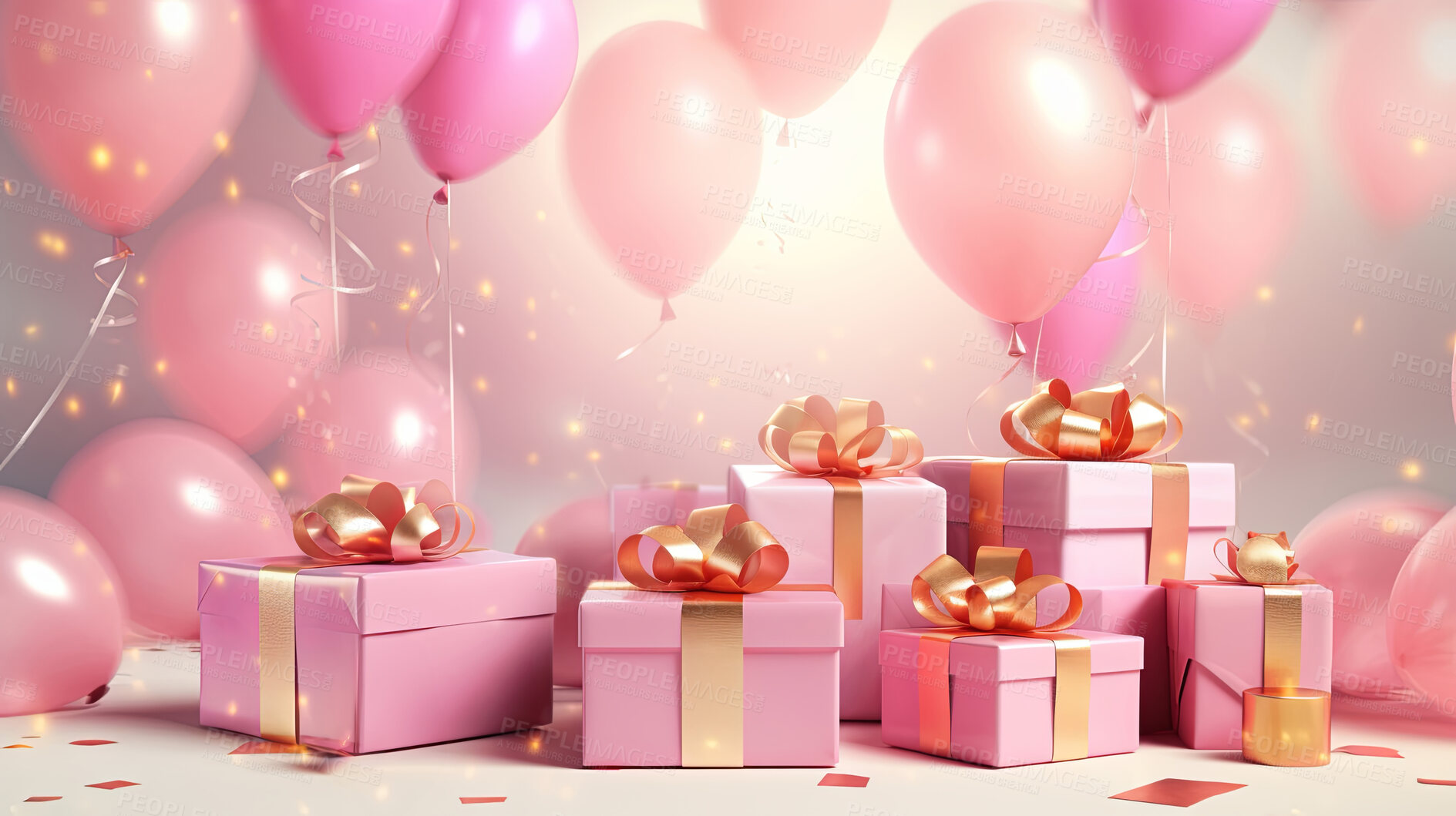 Buy stock photo Gift boxes with bows and balloons on studio background. Birthday, anniversary or Valentines present